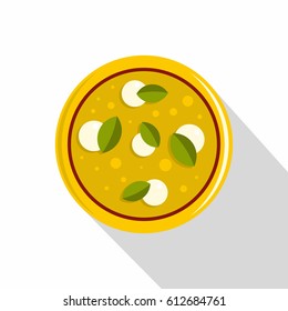 Pizza with cheese and basil icon. Flat illustration of pizza with cheese and basil vector icon for web isolated on white background