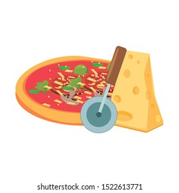 pizza with cheese and cutter over white background, vector illustration