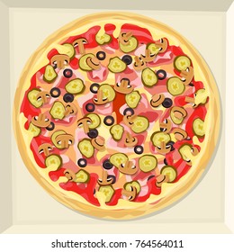 Pizza with cheese, ham, ketchup, pickled vegetables and mushrooms.