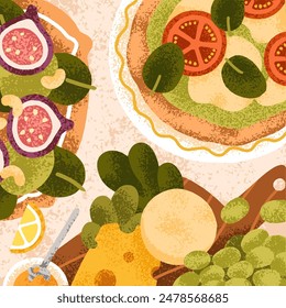 Pizza, plato de queso, ensalada de frutas, servicio de mesa. Comida italiana, platos mediterráneos, vista panorámica. Deliciosa comida. Cocina gourmet, carta cuadrada. Italia comiendo, delicatessen. Ilustración vectorial plana