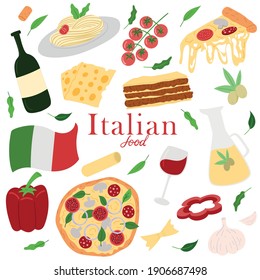 Pizza with cheeses, olives and other ingredients.  Fast food concept. Vector illustration in flat style.