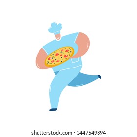 Pizza Chef carrying pizza flat vector illustration. Cartoon chef holding tray with traditional Italian cuisine dish isolated character. Cook, pizza maker in uniform rushing, delivering delicious snack