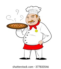 Pizza Chef Cartoon, a hand drawn vector illustration of a pizza chef holding a pan of pizza in cartoon style.