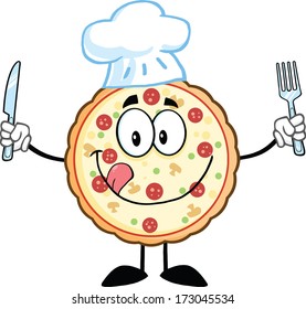 Pizza Chef Cartoon Mascot Character With Knife And Fork. Vector Illustration Isolated on white