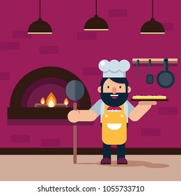 pizza chef cooking with smile in flat vector style
