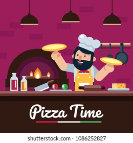 pizza chef cooking with smile in flat vector style