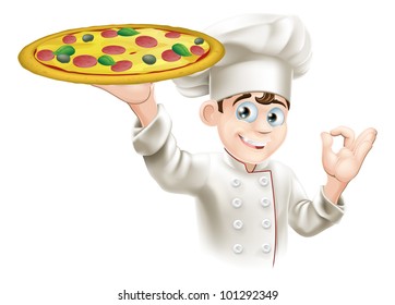 Pizza chef doing an okay sign and holding up a tasty looking pizza