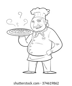 Pizza Chef Doodle, a black & white hand drawn vector illustration of a chef holding a pan of pizza.