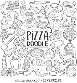 Pizza Chef Doodle Line Art Illustration. Hand Drawn Vector Clip Art Stamps.