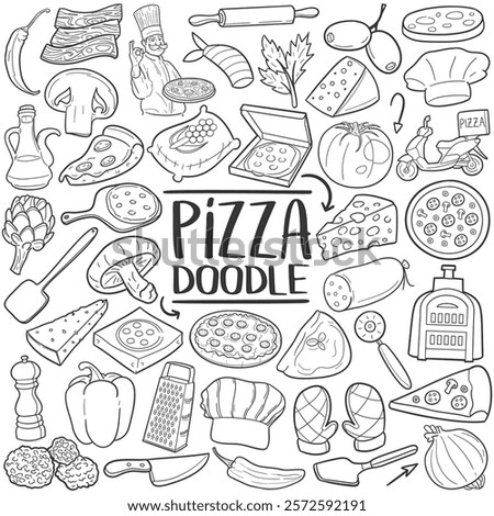 Pizza Chef Doodle Line Art Illustration. Hand Drawn Vector Clip Art Stamps.