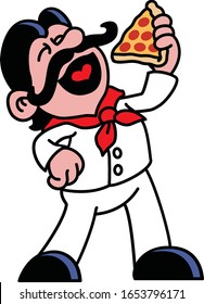 A Pizza Chef is eating a delicious slice of pizza. Vector Illustration.