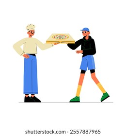 Pizza Chef Handing Over Fresh Pizza To Delivery Worker In Flat Vector Illustration Symbolizing Food Preparation, Teamwork, And Fast Delivery Service, Isolated On White Background