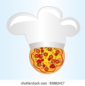 pizza with chef hat over blue background. vector