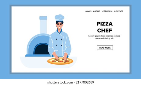 Pizza Chef Man Preparing Delicious Dish Vector. Pizza Chef Cooking Tasty Meal On Restaurant Kitchen. Character Cooker In Uniform Prepare Fresh Italian Food Flat Cartoon Illustration