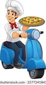 A pizza chef on a delivery scooter moped or motorcycle delivering pizza cartoon mascot illustration