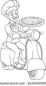 A pizza chef on a delivery scooter moped or motorcycle delivering pizza cartoon mascot illustration