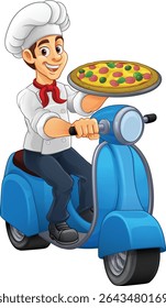 Um chef de pizza em um moto de entrega scooter ou motocicleta entregando pizza desenho animado mascote ilustração