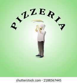A pizza chef prepare a pizza with the title: Pizzeria. Hand drawn vector illustration.