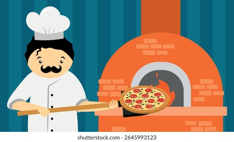 Pizza chef in a restaurant kitchen. Illustration in flat style