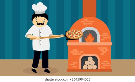 Pizza chef in a restaurant kitchen. Vector illustration in flat style