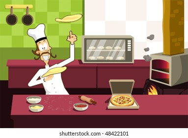 Pizza Chef a chef showing off how he make the pizza in the kitchen.