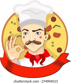 pizza chef. Vector illustration isolated on a white background with red ribbon and doing excellent sign 