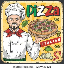 Pizza chef vintage poster colorful with man from Italian restaurant or pizzeria offering to go for lunch vector illustration