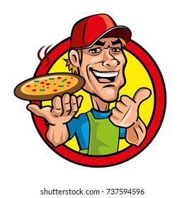 Pizza chef wearing red cap, holding a yummy pizza, good hand sign. vector mascot character illustration