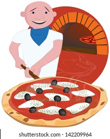 Pizza Chef at Work - A pizza chef has just pulled out a steaming pizza from the oven