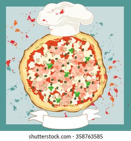 Pizza with Chef's Hat and Banner