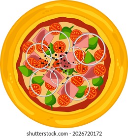 Pizza con tomates de cereza, tocino, cebollas, hierbas. Vista superior, aislada en fondo blanco, ilustración vectorial. Deliciosa y jugosa pizza.