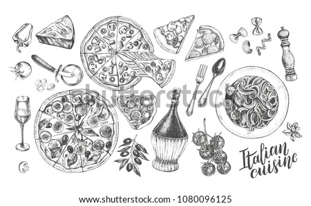 Pizza, chianti wine, mozzarella, spaghetti pasta, parmesan. Set of traditional dishes and products of Italian cuisine. Ink hand drawn Vector illustration. Food elements.