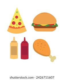 Pizza, Chicken, Hamburger, ketchup, mayonnaise vector. Fast food icon set