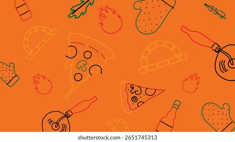 Pizza, chili peppers, fire icons, and oven mitts form a dynamic orange illustration celebrating hot and spicy pizza moments.