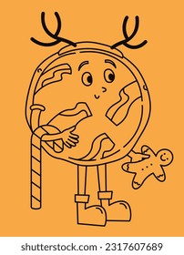 Pizza with Christmas sweets. Cute character in doodle style.