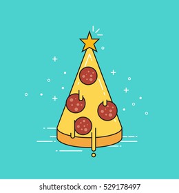 Pizza Christmas tree with star on top. Flat design vector illustration.