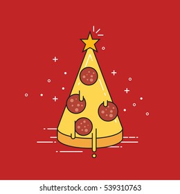 Pizza Christmas tree with star on top. Flat design vector illustration.