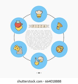 Pizza circle concept with thin line icons for menu design of restaurant or pizzeria. Vector illustration.