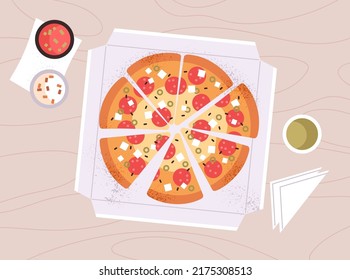 Círculo de pizza con trozos triangulares cortados en una caja abierta. comida rápida italiana con salami y queso, servida con salsas, vista de arriba. Rasgos de comida rápida comiendo sobre la mesa. Ilustración vectorial plana