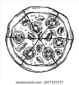Pizza circle divided into pieces, drawing in sketch style. black and white graphics, engraving