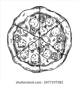 Pizza circle divided into pieces, drawing in sketch style. black and white graphics, engraving