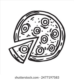 Pizza circle divided into pieces, drawing in sketch style. black and white graphics, engraving