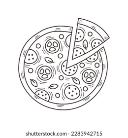 Doodle Círculo de Pizza. Esbozo de pizza a mano. La cocina italiana es un elemento aislado. Ilustración de vectores alimentarios