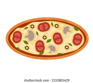 Pizza circle with tomatoes, olives, mozzarella cheese and green basil for a fast food concept. Vector appetizing illustration for design or decoration.