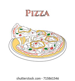 Pizza. Classic Italian dishes. Italian pizza food, pizzeria menu design template. Vintage pizza hand drawn sketch vector illustration. Italian pizza sketch.