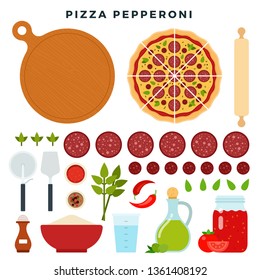 Pizza with classic italian sausages pepperoni and all ingredients for cooking it. Make your pizza. Set of products and tools for pizza making. Everything for dough, filling and sauce. Vector.