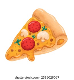 Pizza clip art, cartoon pizza slice illustration vector, hand drawn watercolor painting style, pizza vector graphics 