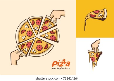 Pizza clipart. Large sliced pizza. Pizza in hand. Vector logos in cartoon style.