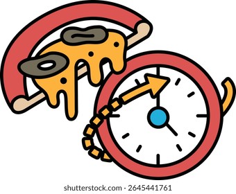 Uma pizza com um relógio. O relógio mostra a hora como 10:00. A pizza está coberta de queijo e tem algumas coberturas