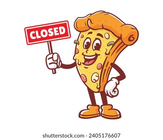 Pizza with closed sign board cartoon mascot illustration character vector clip art